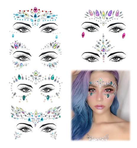 Face Jewels - Face Gems Mermaid Face Jewels Stick On, Face Rhinestones Gems Rave Eyes Body Face Crystals for Christmas Festival Music Carnival Party Makeup (6 Sets) | Amazon (US)