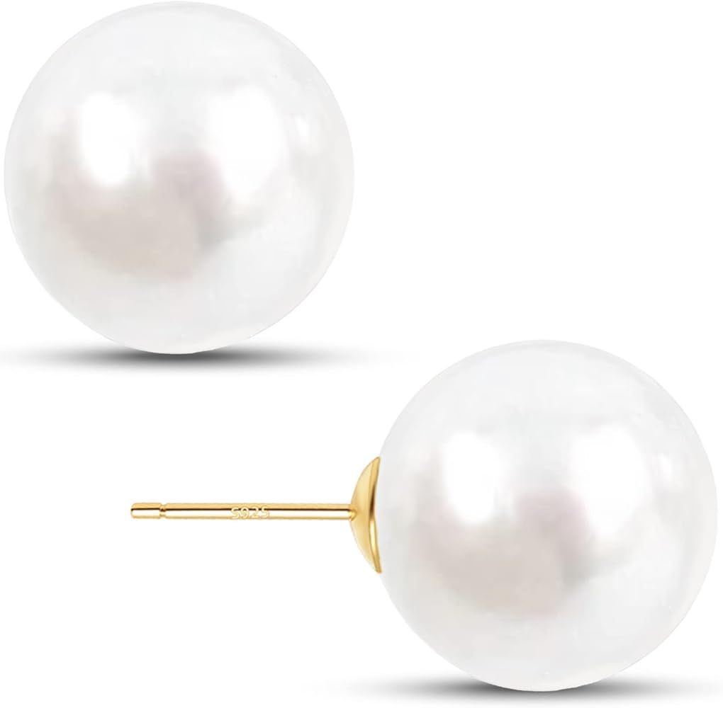 Big Pearl Earrings -18K Gold Plated Sterling Silver Oversized Faux Round Large Simulated Pearl St... | Amazon (US)