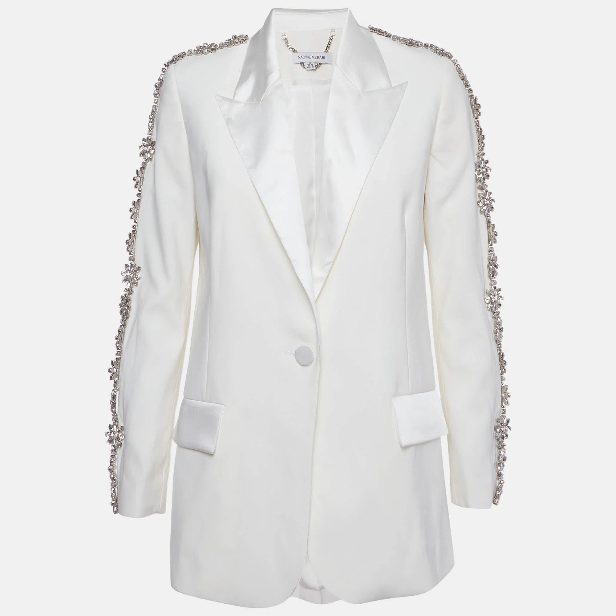 Nadine Merabi White Sateen Embellished Regular Fit Blazer | Shop Simon