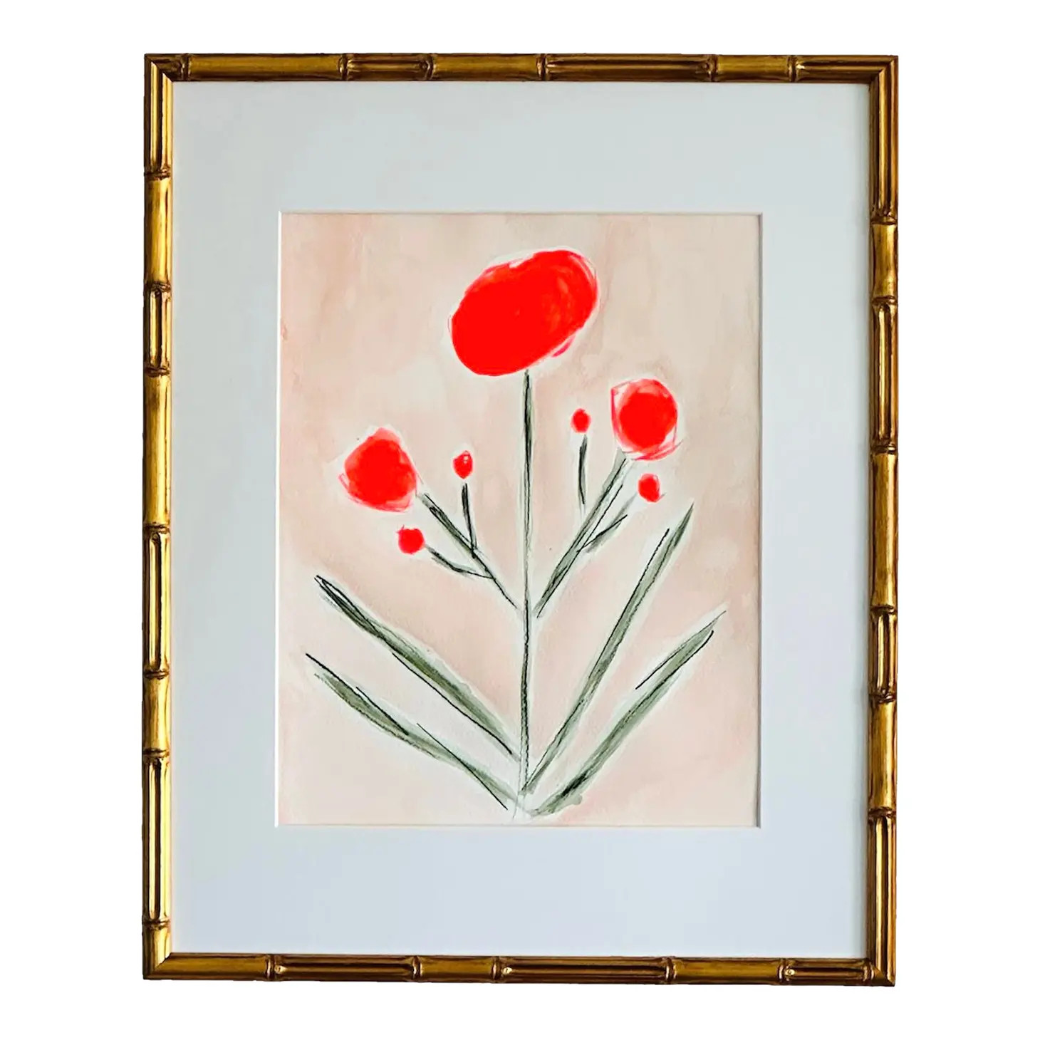 Original Contemporary Abstract Floral Painting in Pink and Green, Framed | Chairish