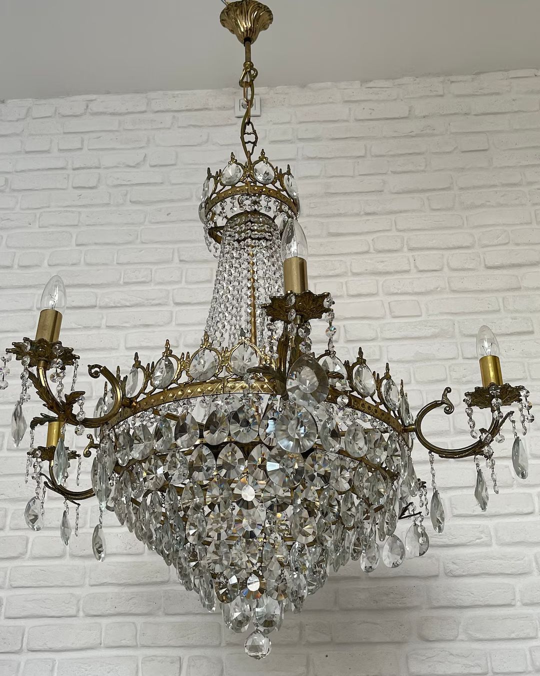 Antique Vintage Brass & Crystals GIANT EMPIRE Chandelier Ceiling Light Pendant Lighting Glass Lam... | Etsy (US)