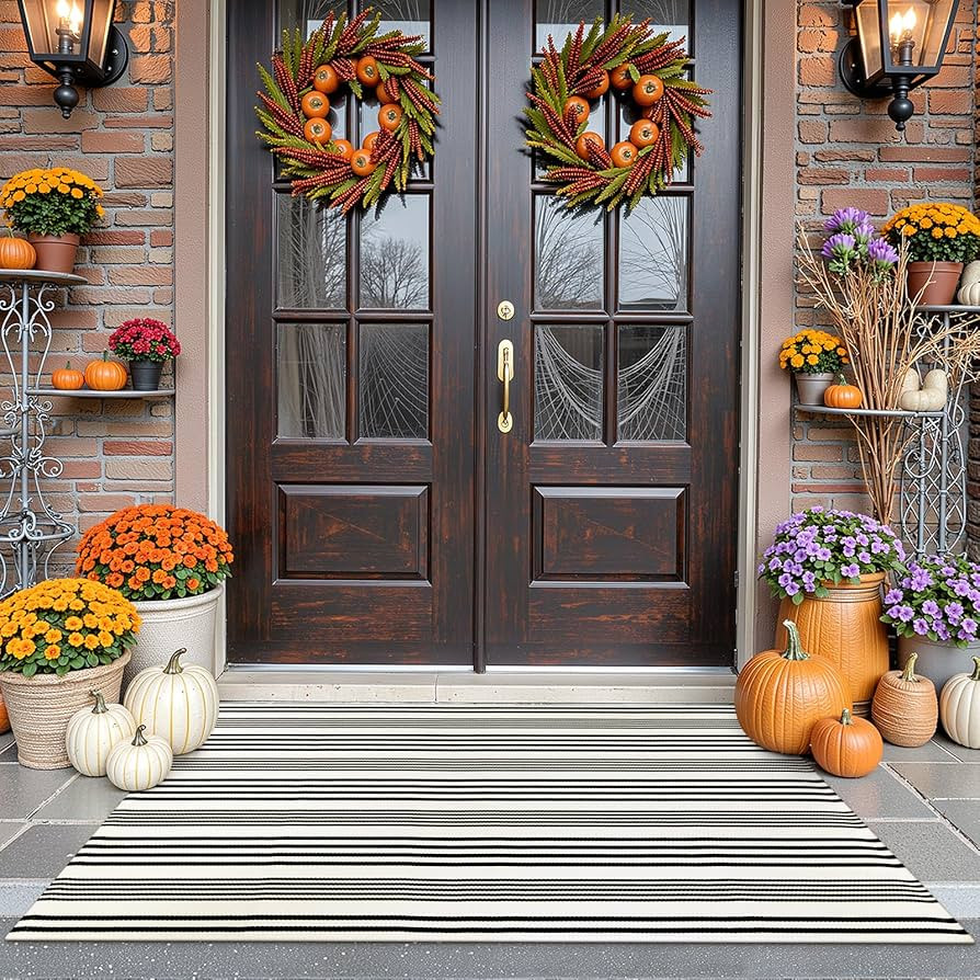 Black and White Striped Outdoor Rug, 3’x5’ Cotton Modern Front Porch Door Mat Hand-Woven Reve... | Amazon (US)