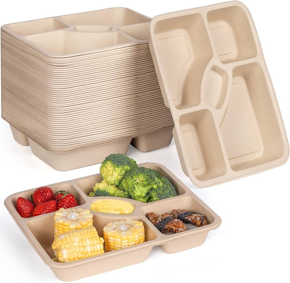 Enviro Safe Home Heavy Duty Disposable Plates 5 Compartments - 50 Pack - Bamboo Compostable Plate... | Amazon (US)