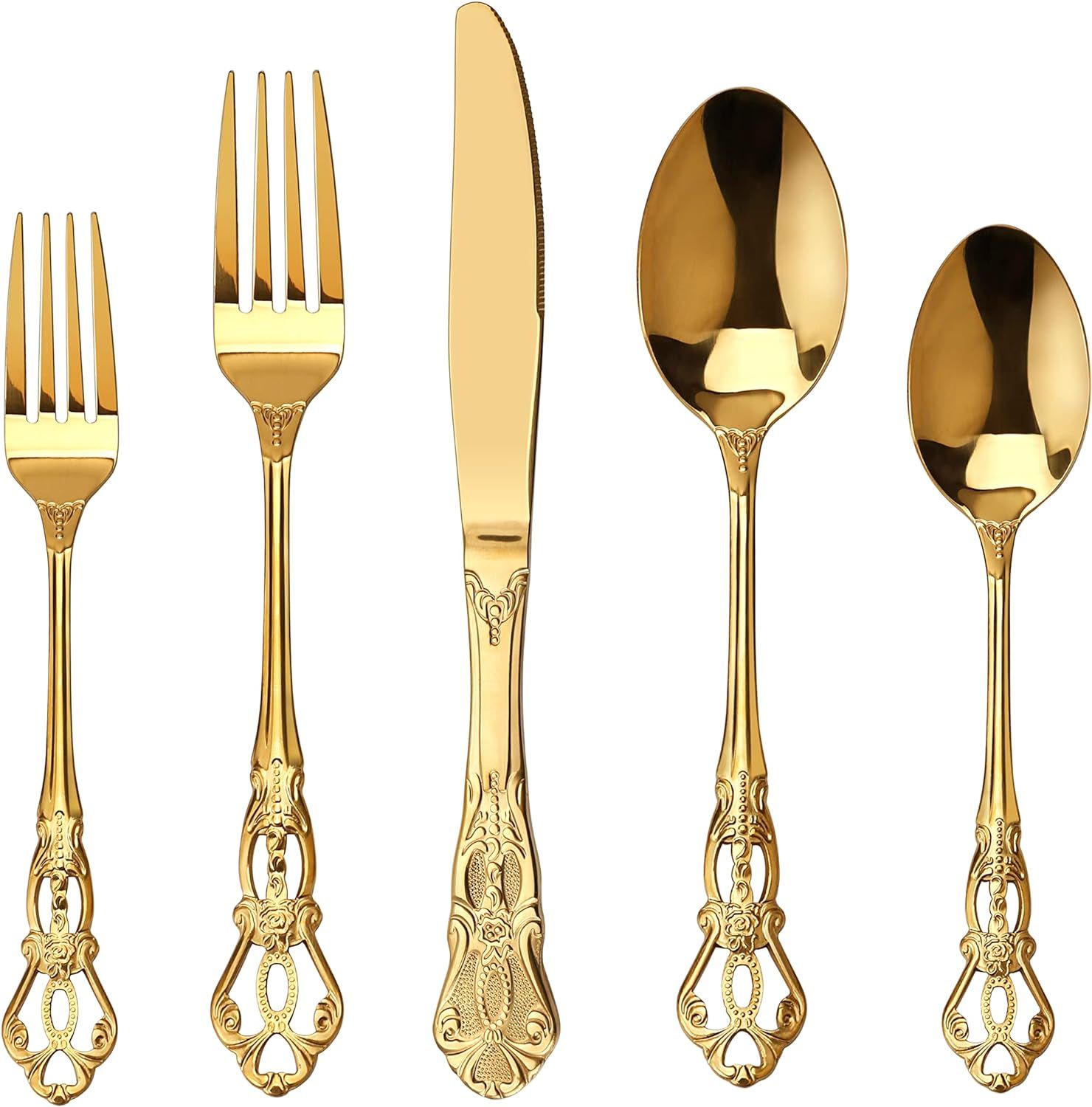 Runfly Gorgeous Retro Royal Gold Stainless Steel 20 Pieces Flatware Set, Golden Silverware Set, A... | Amazon (US)