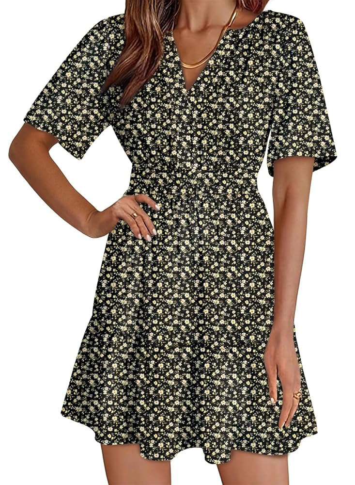Dokotoo Womens Summer Dresses 2025 Boho Floral Short Sleeve V Neck Smocked Waist Casual A-Line Sw... | Amazon (US)
