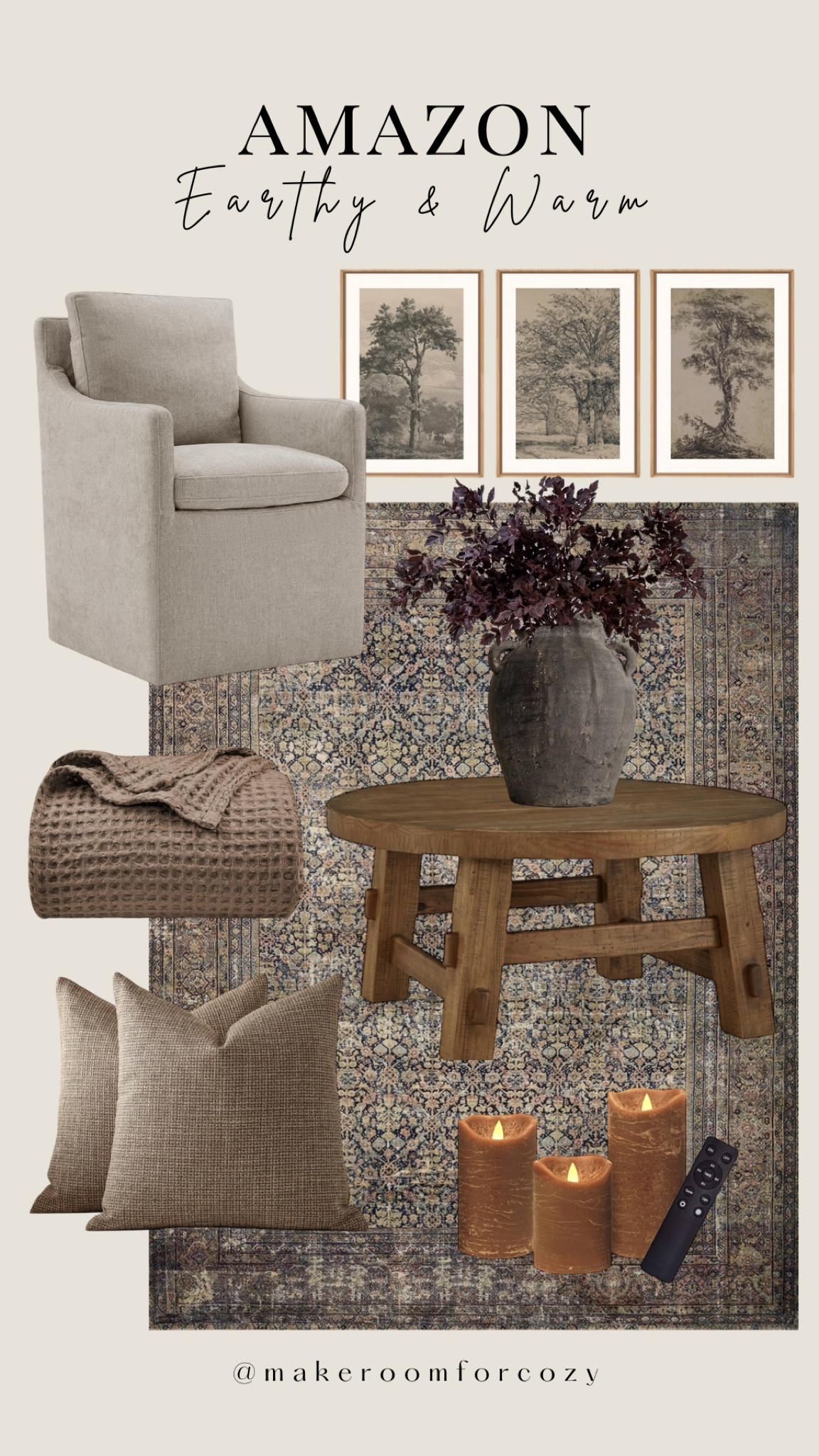 Earthy & Warm inspo from Amazon! 

home decor | living room furniture | coffee table | throw pillows | throw blanket | led candles | vintage wall art | vase and faux flowers | area rug

#LTKFamily #LTKHome #LTKSeasonal