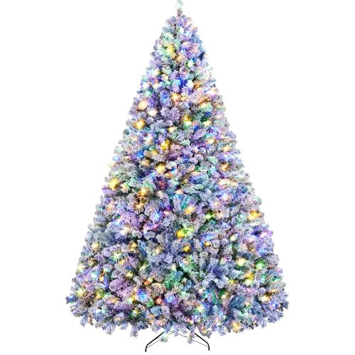 Yaheetech 9ft Pre-lit Spruce Artificial Christmas Tree Snow Flocked Hinges Tree with 900 Multicolor LED Lights & 2108 Branch Tips & Metal Stand for Home, Office, Party Decoration, Green & White | Amazon (US)