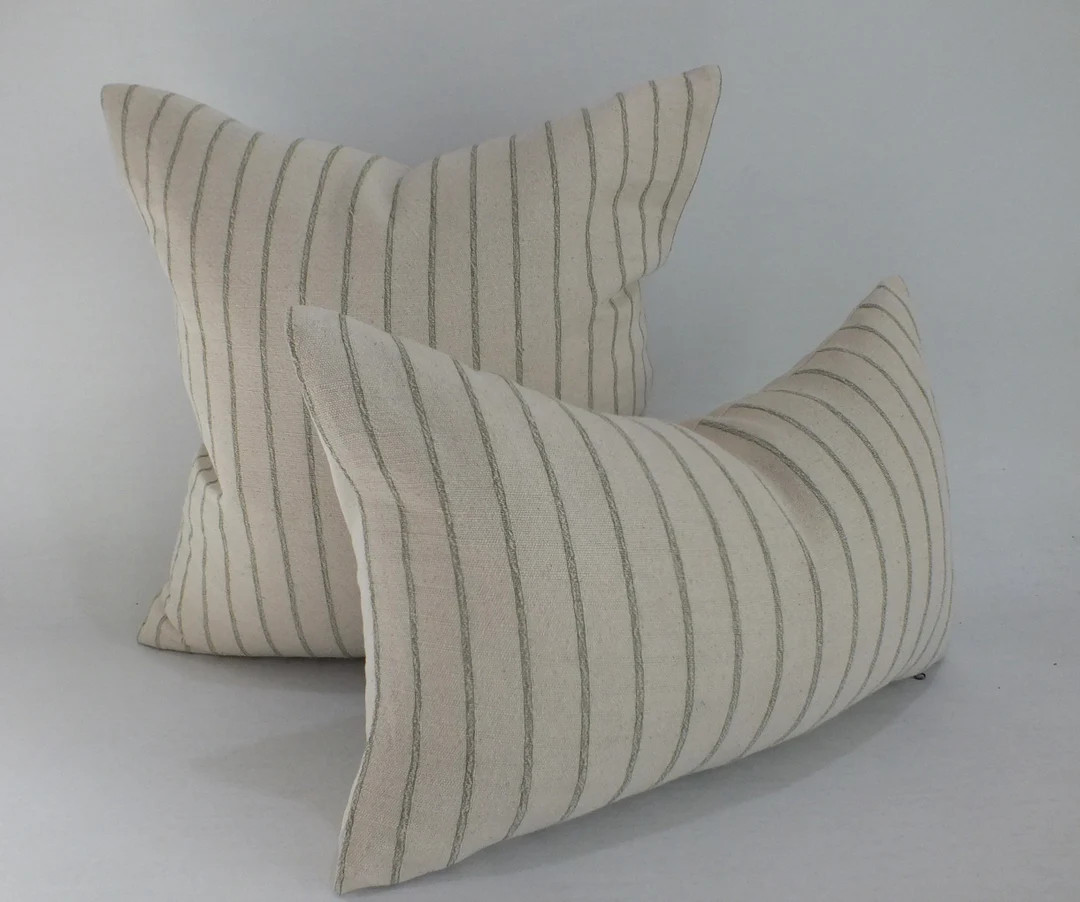 Cream and Green Striped Sofa Pillow Case Sashimi Hand-woven Floor Cushion Cover Accent Decorative... | Etsy (US)