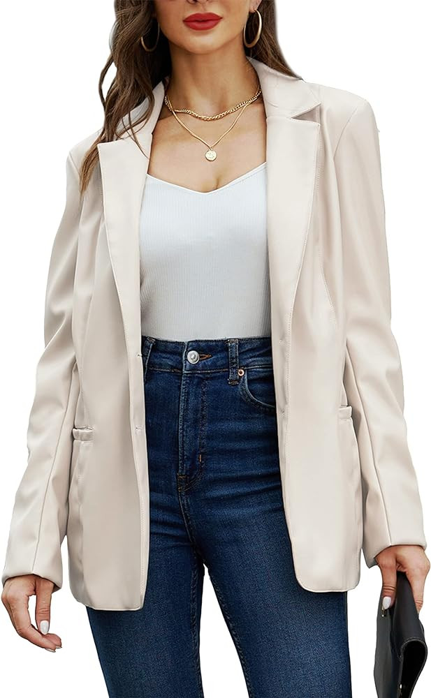 RISISSIDA Women Faux Leather Blazer Jacket,Spring Fall Vegan Pleather Soft Casual Lapel Button Do... | Amazon (US)