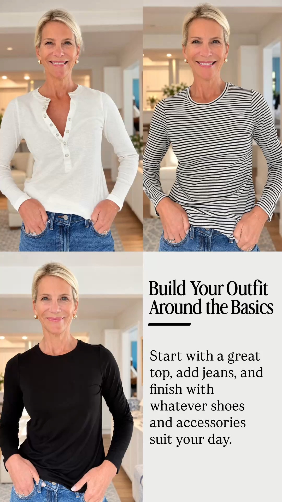 Three everyday tops that make getting dressed so much easier! A classic white Henley, a black-and-white striped tee, and a simple black long-sleeve top are the kind of versatile basics you'll wear with jeans, layer under jackets, and reach for all season long.

👩‍💻 LTK PRO TIPS
❤️ Heart = Support my posts ;-)
🔖 Save = Get sale & restock alerts for the things you love!
📋 Lists = Keep favorites organized (List ideas: Christmas, Birthdays, and Vacations!)
📲 Share = Send lists and products to a friend (or your daughters like me).
💬 Comment = Ask me anything, and I'll answer. ;-)