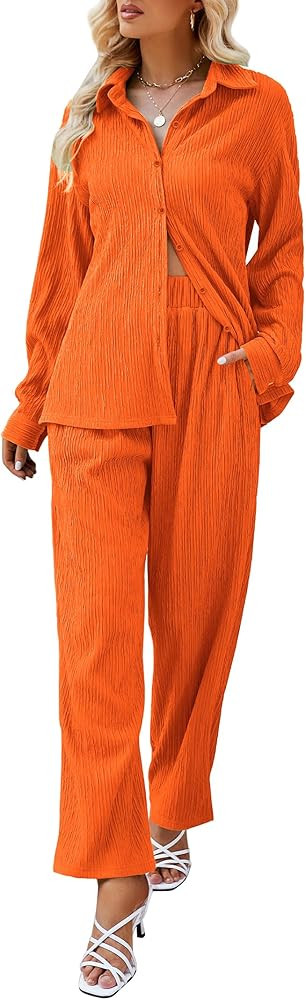 HAOGUIMI Women Pleated Y2K 2 Piece Plisse Set Casual Long Sleeve Button Down Shirt Wide Leg Pants... | Amazon (US)