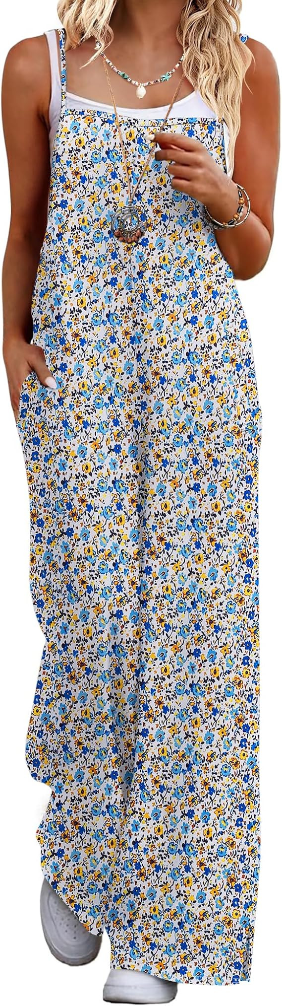 Ekouaer Womens Causal Sleeveless Jumpsuits Summer Boho Wide Leg Floral Rompers Overalls with Pock... | Amazon (US)