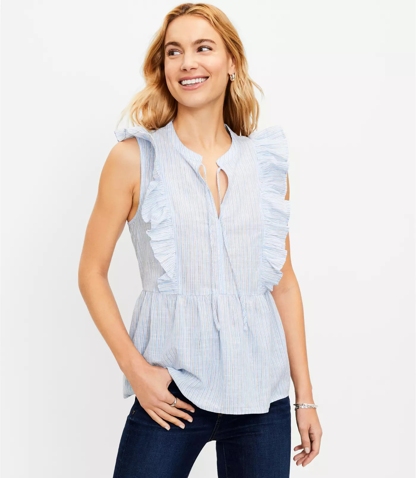 Striped Ruffle Tie Neck Peplum Top | LOFT | LOFT