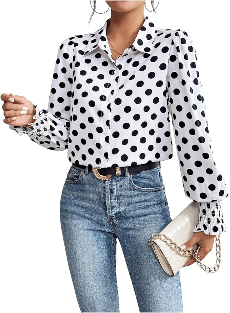 WDIRARA Women's Polka Dots Button Down Shirt Ruffle Bishop Long Sleeve Top Blouse | Amazon (US)