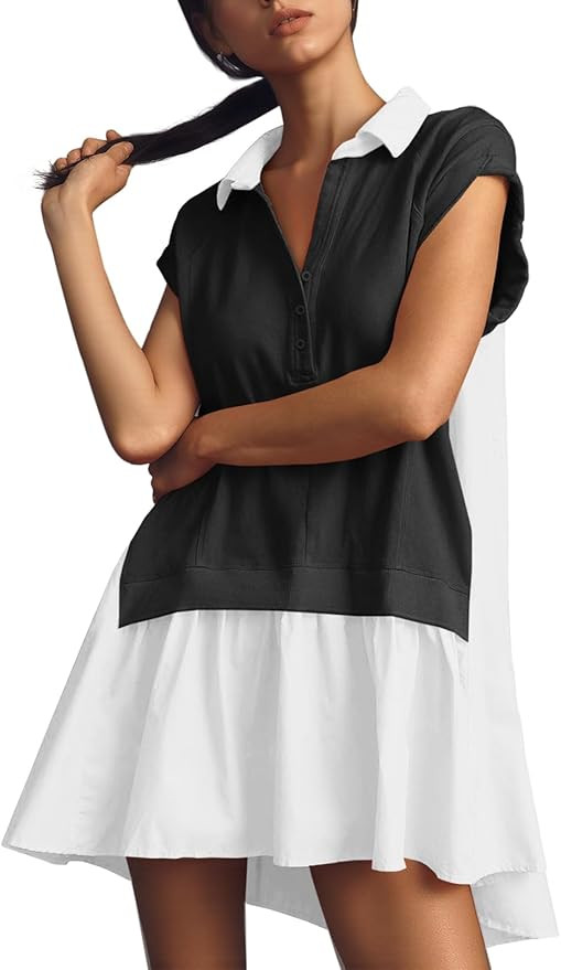 Fisoew Womens Summer Sweatshirt Dresses Short Sleeve V Neck Casual Oversized Patchwork Mini Dress | Amazon (US)