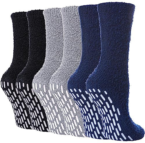 FNOVCO Non Slip Socks for Women Winter Warm Cozy Fuzzy Slipper Socks Soft Fluffy Hospital Socks with Grips (6 Pairs Black Blue Grey) | Amazon (US)