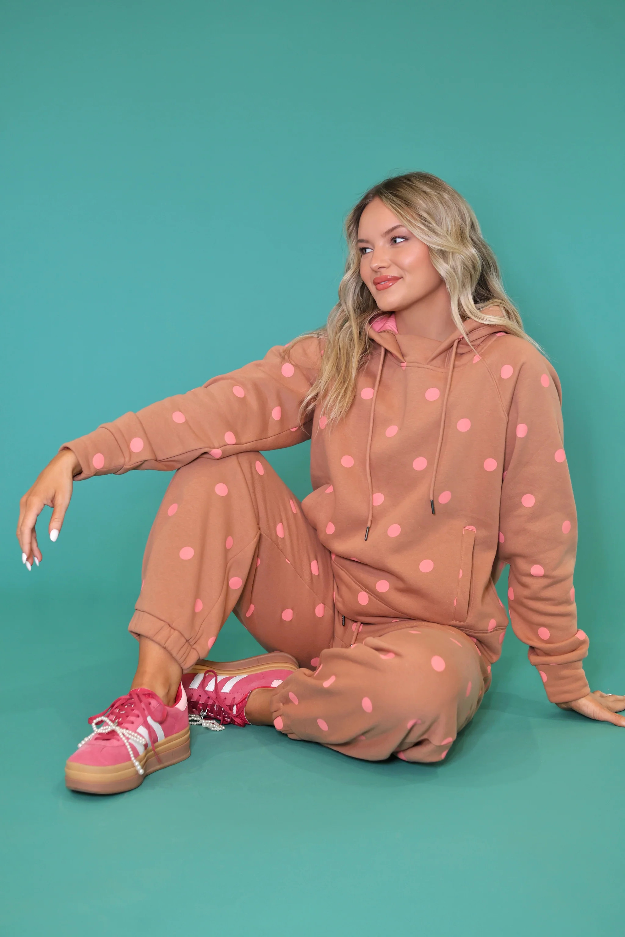 Brown Pink Polka Dot Sweatsuit Set - Hoodie & Sweatpants- Pre Order | Poppy & Pine