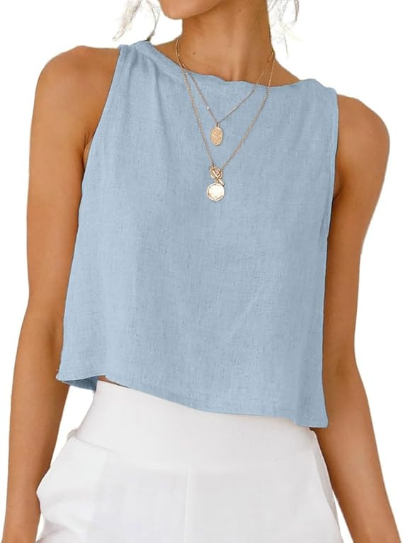 Kinghua Womens Linen Crop Tops Summer Casual Loose Crewneck Sleeveless Tank Top Linen Shirts | Amazon (US)