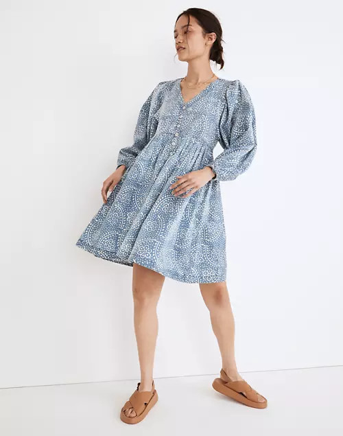 Bubble-Sleeve Button-Front Mini Dress in Indigo Paisley | Madewell