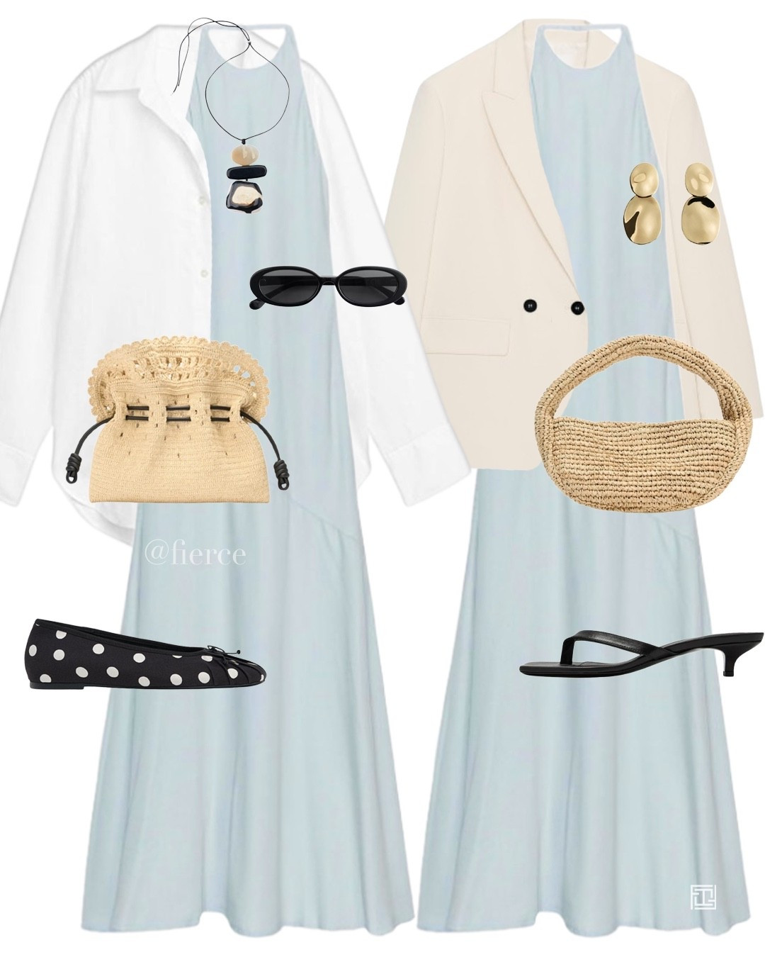 Blue dress cream blazer raffia bag polka dot ballet flats heeled thong sandals 

#LTKspring #LTKuk #LTKwedding