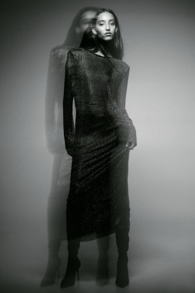 Rhinestone-embellished dress - Black/Rhinestones - Ladies | H&M GB | H&M (UK, MY, IN, SG, PH, TW, HK)