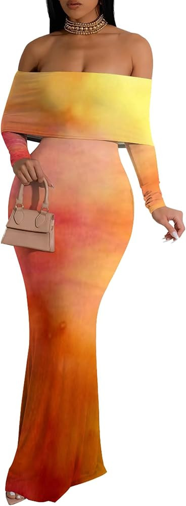 Women's Fall Off Shoulder Maxi Bodycon Dress Long Sleeve Ruched Fitted Club Dresses with Slit | Amazon (US)