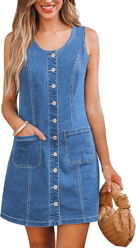 luvamia Denim Dresses for Women Sleeveless Stretchy Jean Summer Casual Western Short Button Down ... | Amazon (US)