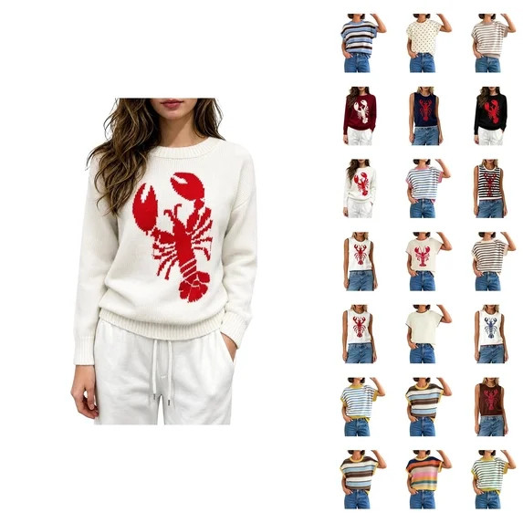 Crewneck Pullover Sweater With Lobster Pattern Casual Loose Knit Top For Fall Winter | Walmart (US)