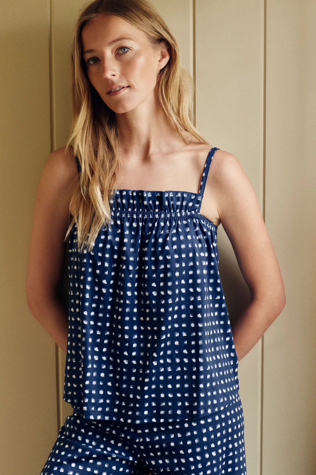 Pima Ruffle Pants Set in Blue Depths Brushed Check | Lake Pajamas