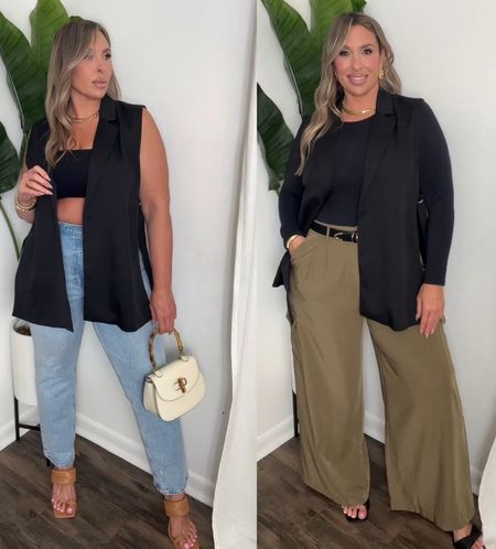 The hottest trend: Vest. Styled 2 ways: business casual or out & about. Beast size XL (runs big could of sized down). Cargo trousers size 14 (runs true to size waist band is stretchy. Abercrombie Curve Love Jeans size 31reg (reg length so it will hit ankle length). Also linked non curve love 

#LTKstyletip #LTKmidsize