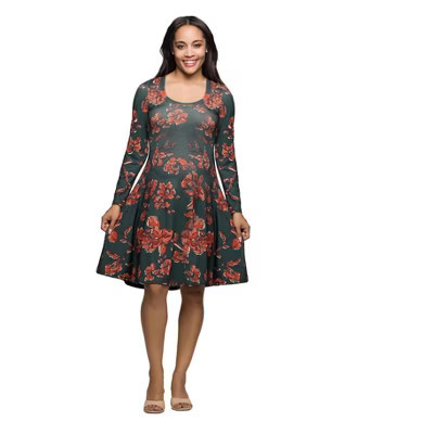 24seven Comfort Apparel Long Sleeve Fit and Flare Dress in Green Orange Floral Print-Orange Multi-1X | Target
