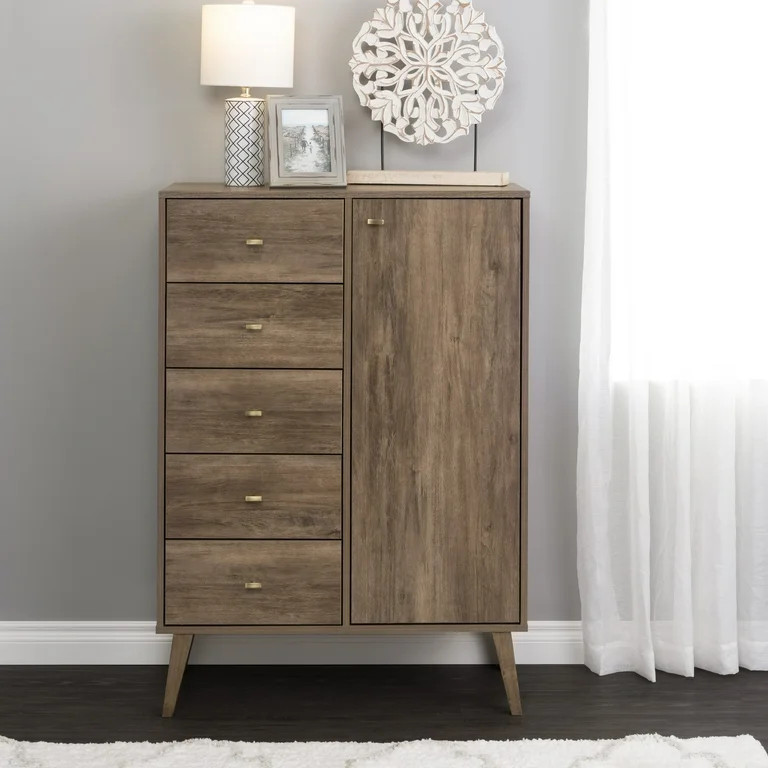 Prepac Milo Mid-Century Modern 5-Drawer Chest with Door, Drifted Gray | Walmart (US)