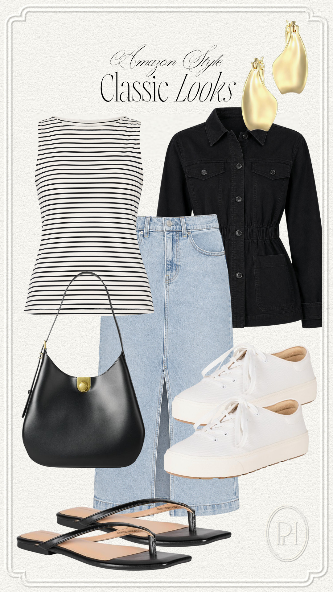 Amazon essentials for everyday pieces!

denim skirt, midi skirt, striped tank top, black and white tank top, black jacket, lightweight jacket, fall jacket, fall fashion, early fall looks, late summer looks, fall style, fall outfit, fall looks, white sneakers, black flip flops, black handbag, purse, mom looks, mom style, mom outfit, mom looks, gold earrings, classic looks 

 #LTKgrwm #LTKootd #LTKmomlife