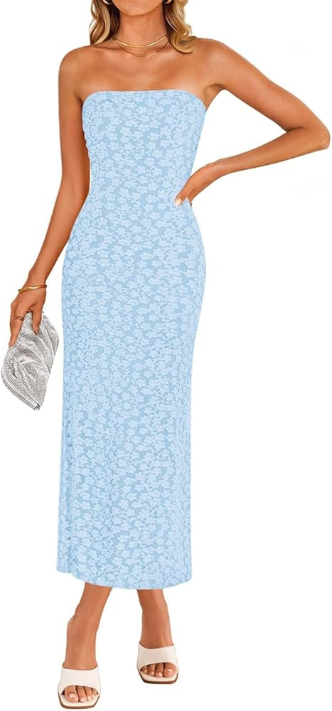 ZESICA Women's 2026 Summer Floral Strapless Bodycon Midi Dress Off Shoulder Tube Beach Wedding Gu... | Amazon (US)