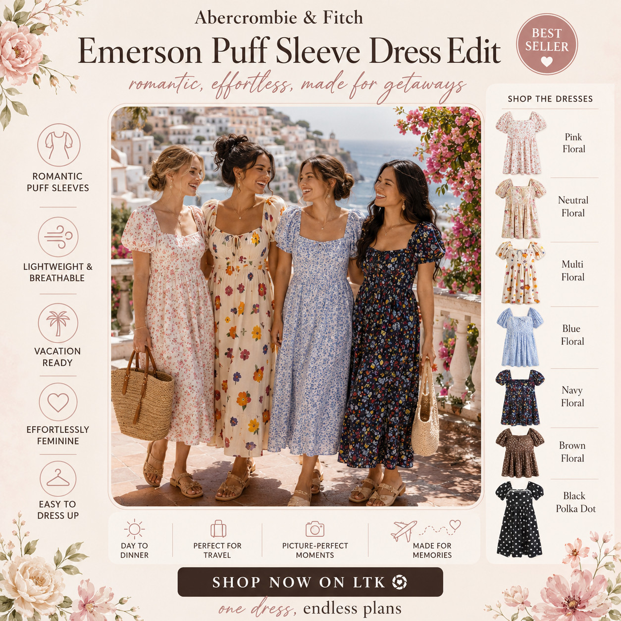 @abercrombie & Fitch Summer Chic | Emerson Puff Sleeve Midi Dresses

The romantic Abercrombie midi dress edit that makes summer outfits feel feminine, flattering, and instantly special ☀️ 

These Emerson Puff Sleeve Midi Dresses are such pretty warm-weather staples if you want something lightweight, polished, and easy to wear from vacation days to dinner dates.

The romantic puff sleeves, flattering neckline, linen-blend feel, and effortless midi length make them look elevated without feeling too fussy.

What I love about these is that they give “pretty but still easy” energy!!

They’re perfect for beach-to-dinner outfits, vacation photos, bridal events, brunch, baby showers, summer parties, resort dinners, and any sunny plan where you want one dress that feels feminine and put together.

The colors make this edit so wearable — blue floral feels classic and coastal, sky blue feels soft and fresh, yellow floral feels sunny, and black feels timeless.

Style with flat sandals, wedges, raffia bags, gold jewelry, sunglasses, or a woven clutch for an easy elevated summer look.

I did the digging for you — if you want an Abercrombie midi dress that feels flattering, breathable, packable, and pretty enough for everyday summer moments or special occasions, these are the ones I’d check before the best-selling colors move.

📌 SAVE this for vacation outfits, wedding guest dresses, and feminine summer dress ideas.

↓ Everything is linked!

#LTKxAbercrombie #LTKSaleAlert #LTKTravel