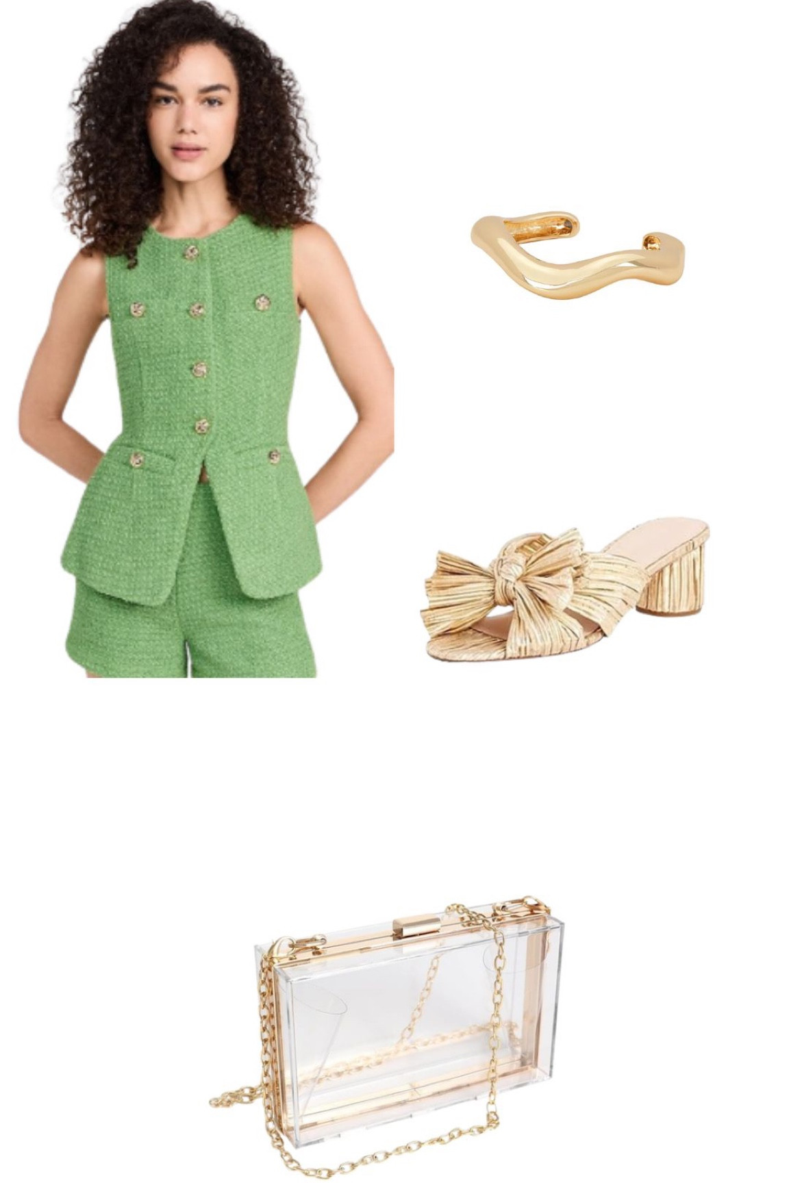 Game day inspo//green outfit//tweed set//gold bracelet//gold sandals//clear stadium bag

#LTKFindsUnder100 #LTKSaleAlert #LTKFindsUnder50