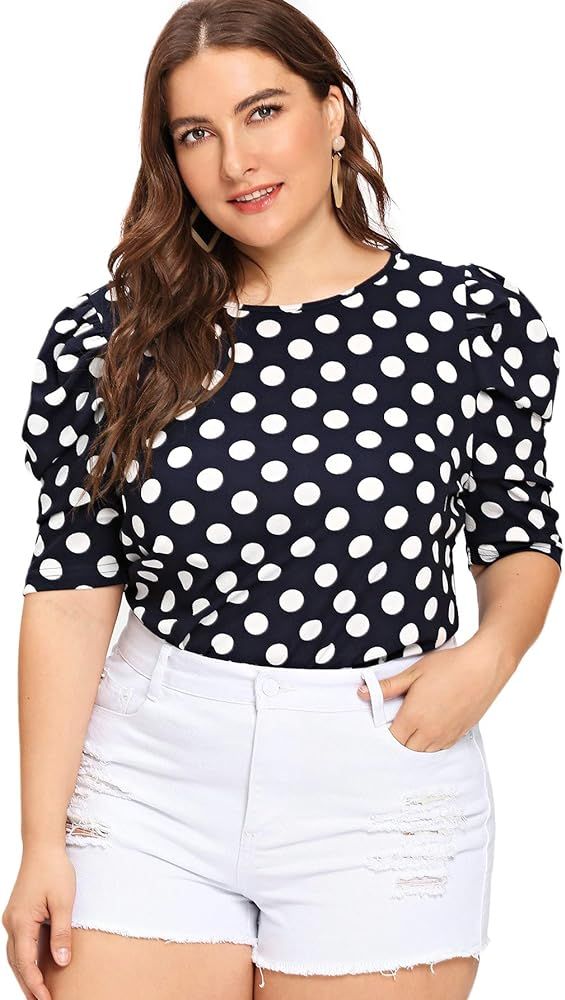 Floerns Women's Plus Size Puff Sleeve Blouse Tops Summer Short Sleeve Printed Top Shirt | Amazon (US)