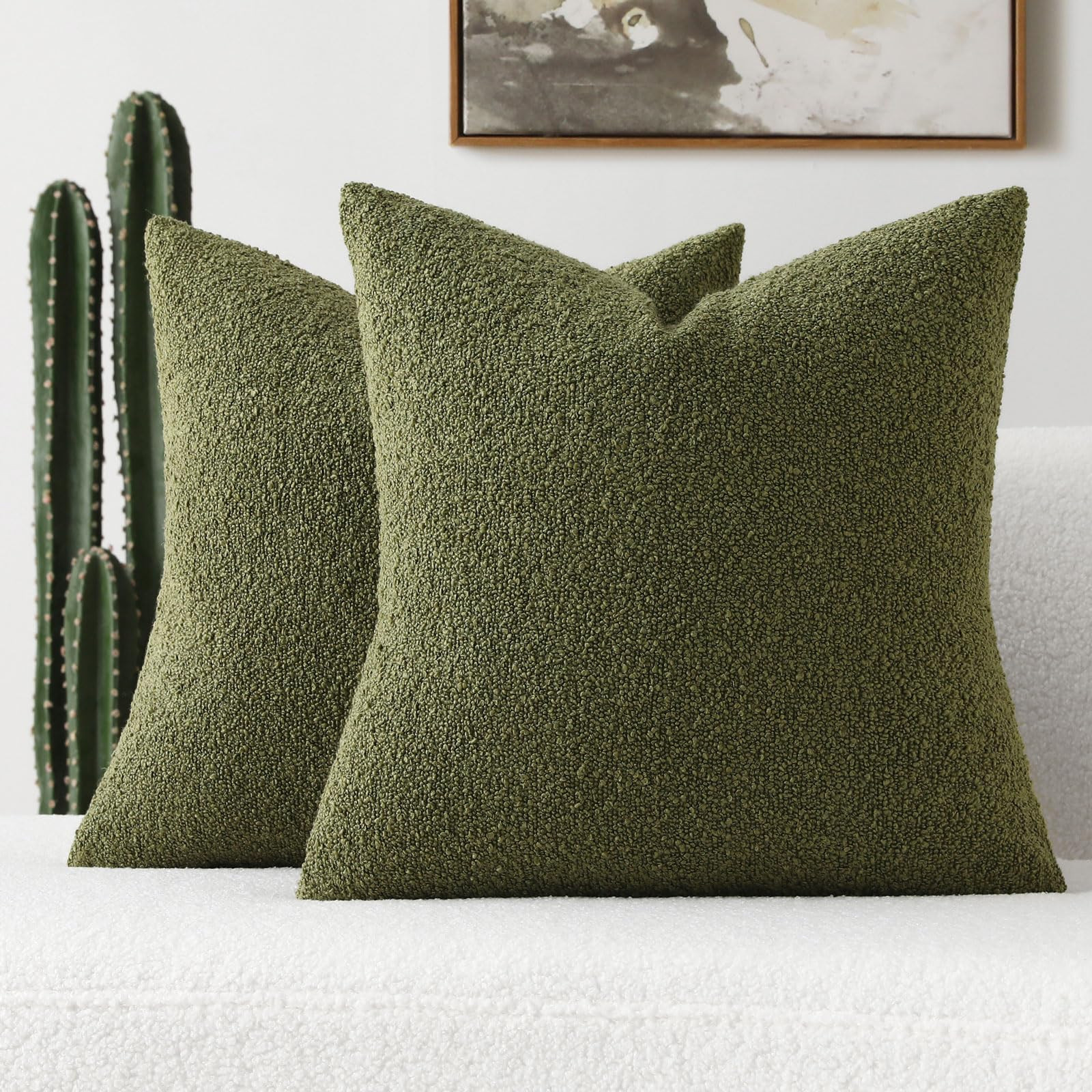 FUTEI Pack of 2 Moss Green Decorative Throw Pillow Covers 18x18 Inch Soft Cozy Solid Boucle Textu... | Amazon (US)