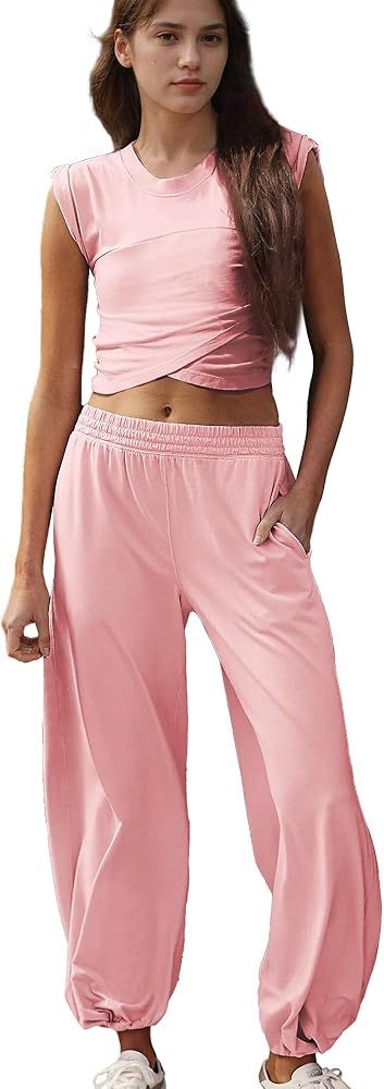 Hixiaohe Womens Fashion 2 Piece Outfits Crop Tops Wide Leg Pants Tracksuit Lounge Set Workout Set... | Amazon (US)