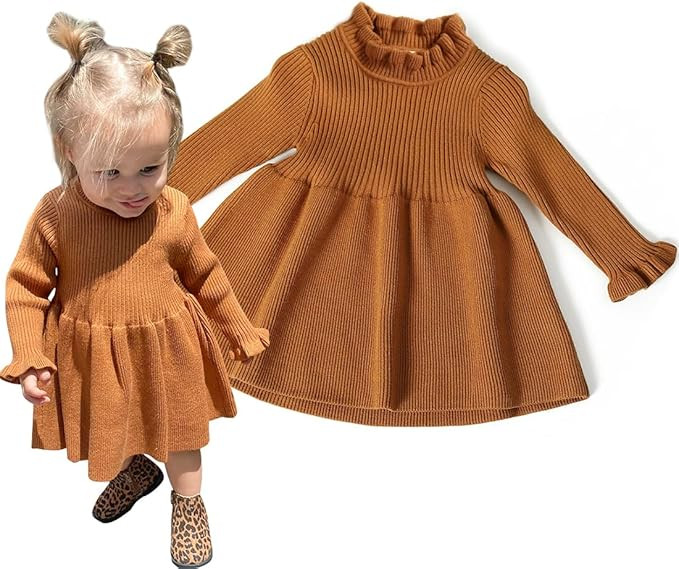 Simplee kids Little Girls' Long Sleeve Girl Dresses and Rompers Ribbed Knit Sweater Dress Black f... | Amazon (US)