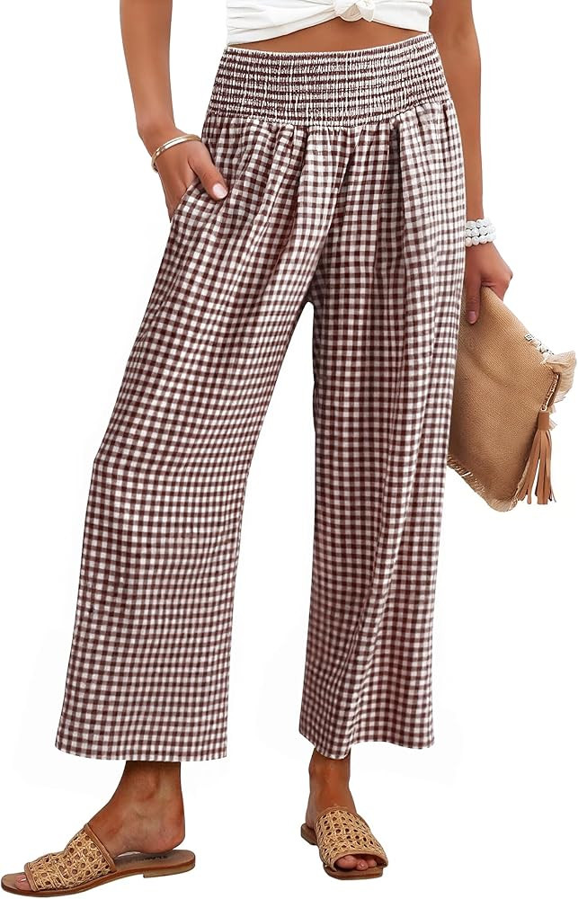 ANRABESS Women Striped Gingham Wide Leg Palazzo Pants Casual Lounge Cropped PJ Bottoms Comfy Cute... | Amazon (US)