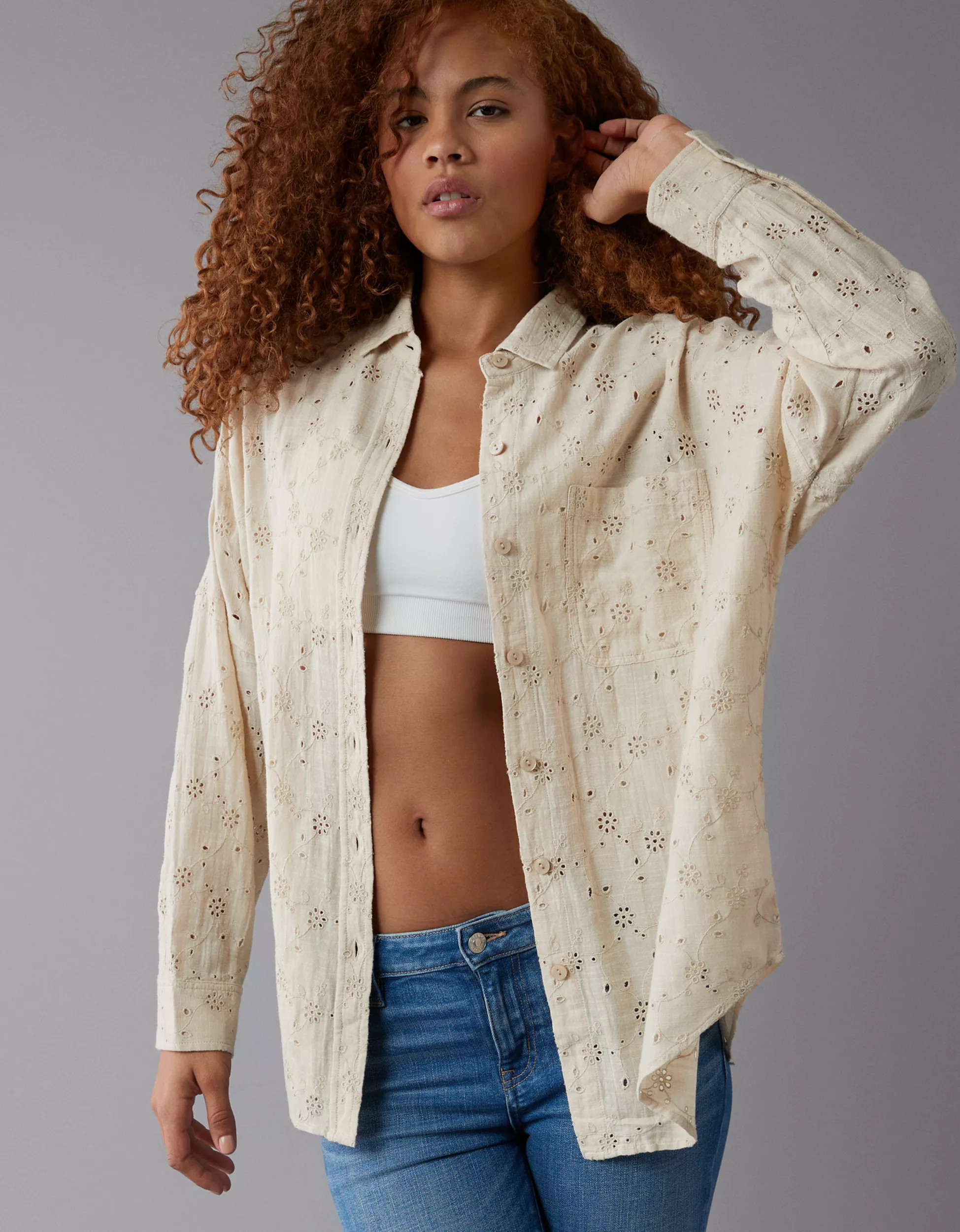 AE Eyelet Embroidered Go Big Shirt | American Eagle Outfitters (US & CA)