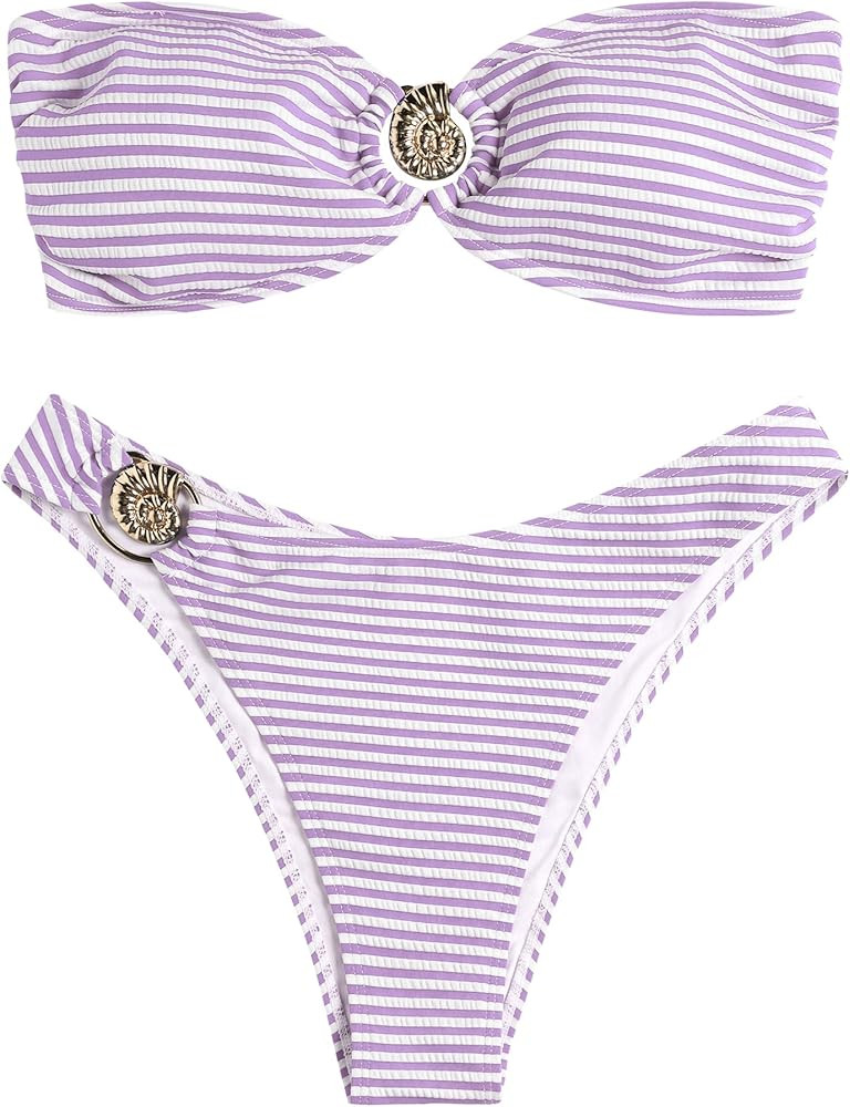 ZAFUL Women's Bandeau Bikini O Ring Strapless Tie Back High Cut Two Piece Swimsuit Bathing Suits | Amazon (US)