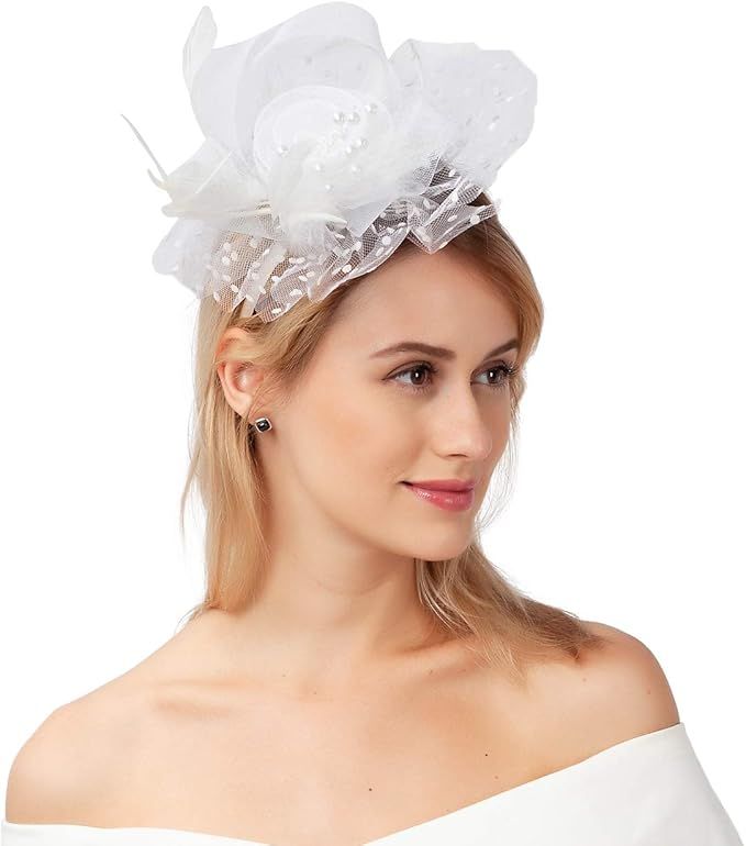 Myjoyday Fascinators for Women Tea Party Hats for Wedding Headband with Chiffon Flower Feathers | Amazon (US)