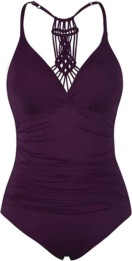 Hilor Women's Shirred Halter One Piece Swimsuits Macrame Back Swimwear Tummy Control Bathing Suit | Amazon (US)