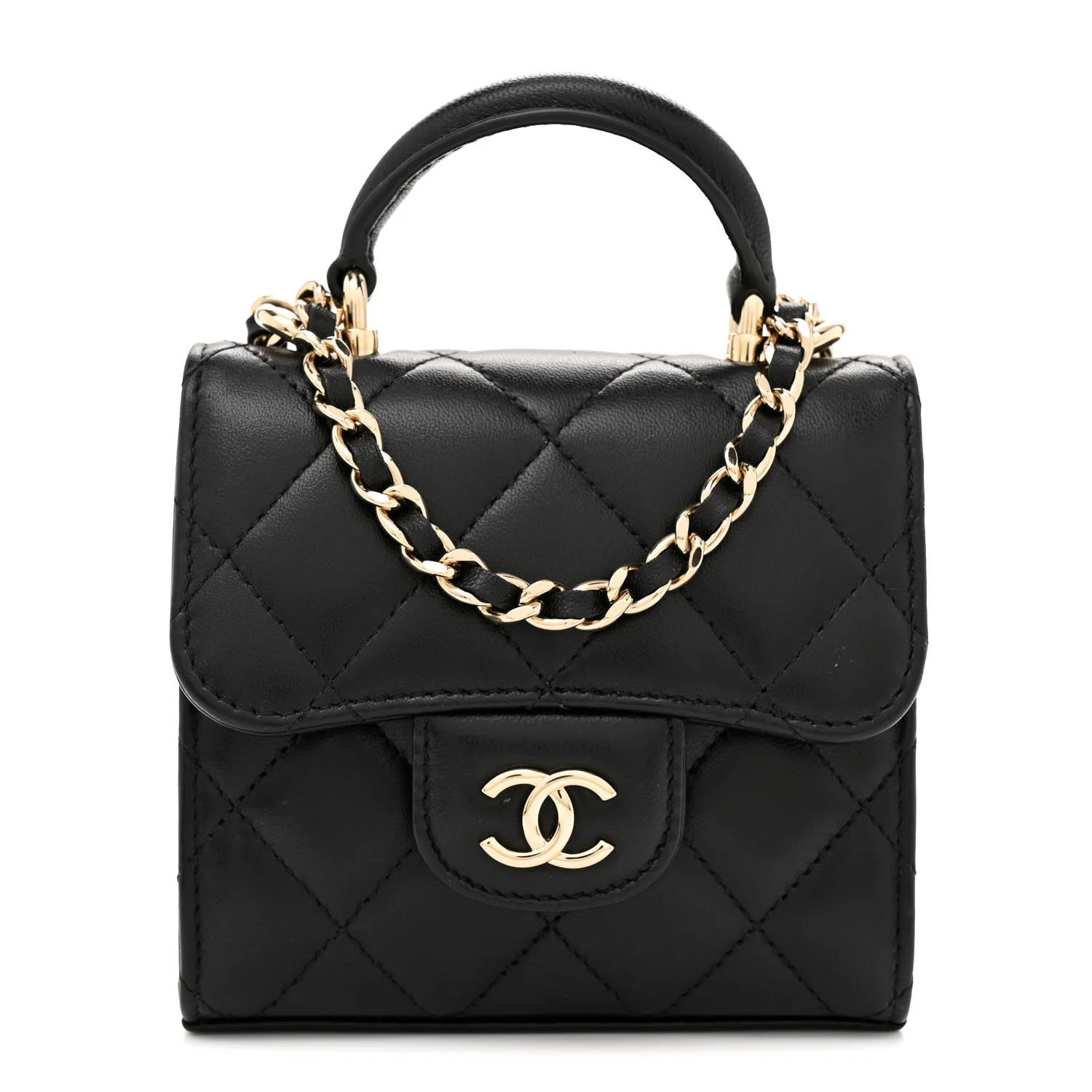 Lambskin Quilted Top Handle Flap Clutch With Chain Black | FASHIONPHILE (US)