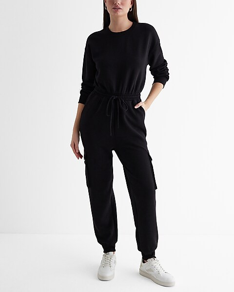 Long Sleeve Tie Waist Cargo Fleece Jumpsuit | Express