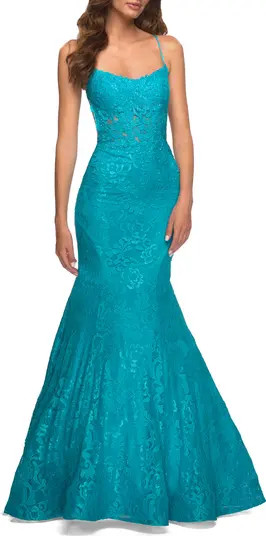 Bright Mermaid Lace Gown with Sheer Bodice and Open Back | Nordstrom