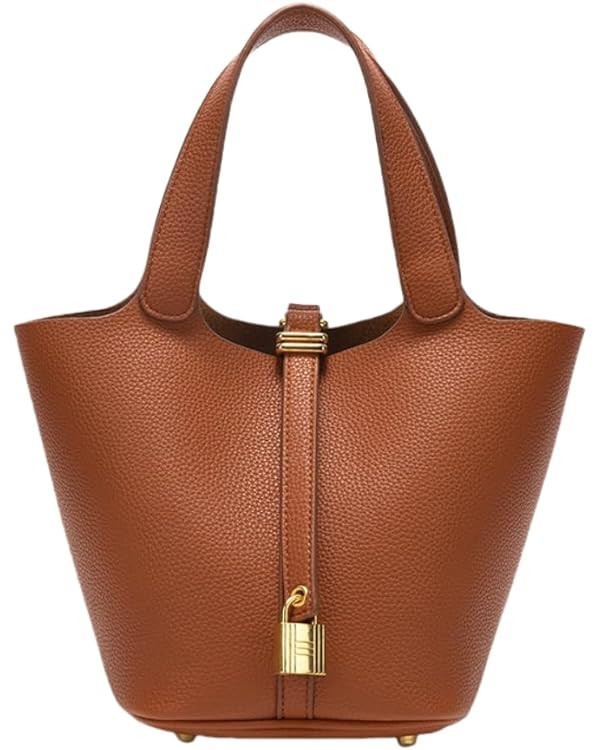 Women's Leather Tote Bag: Fashionable Lock Design Solid Color Bucket Bag Mini Handbag Wallet Hand... | Amazon (US)