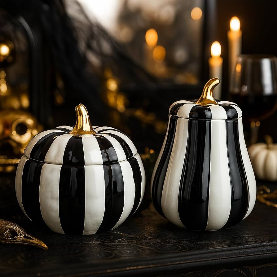10 Strawberry Street Pumpkin Patch Graduated Gourd Canister Set, Black & White Striped | Amazon (US)
